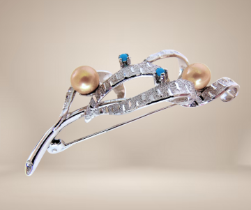 Adorna zilver broche gele faux parel turquoise beige achtergrond 4