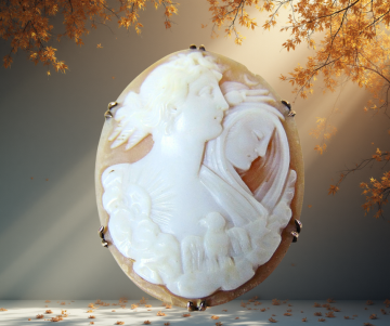 Antieke camee dubbel portret 2 vrouwen vogel zon herfst bladeren