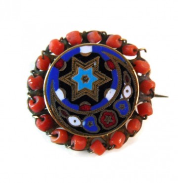 Antieke koper goudkleur ronde broche blauw email ster bloedkoraal 2