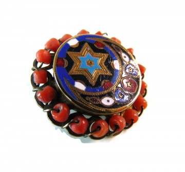 Antieke koper goudkleur ronde broche blauw email ster bloedkoraal 3