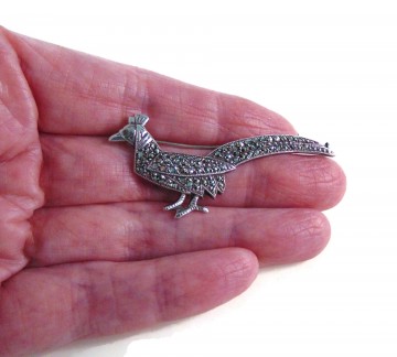 Antieke zilveren fazant of pauw broche markasiet 1