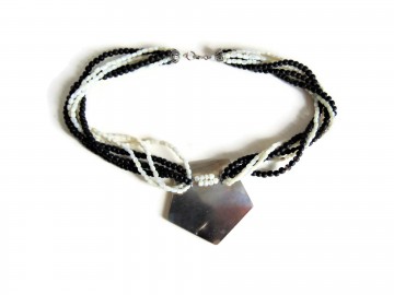 Art deco parelmoer onyx git gedraaide strengen ketting grote hanger 3