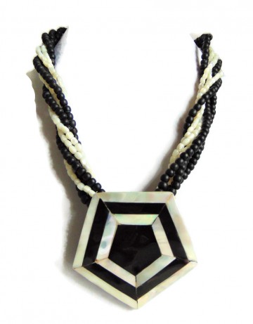 Art deco parelmoer onyx git gedraaide strengen ketting grote hanger 5