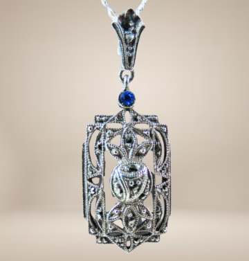 Art deco zilver markasiet blauw hanger rechthoek beige achtergrond  3