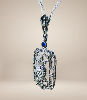 Art deco zilver markasiet blauw hanger rechthoek beige achtergrond  4