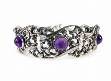 Art nouveau antiek zilveren amethist brede armband chat wit