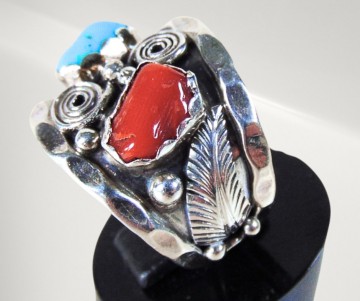 Brede oude navajo native american blad krul turquoise koraal ring pr  5