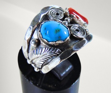 Brede oude navajo native american blad krul turquoise koraal ring pr  6