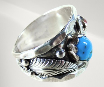Brede oude navajo native american blad krul turquoise koraal ring pr  7