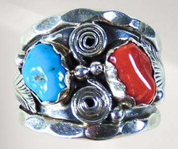Brede oude navajo native american blad krul turquoise koraal ring pr  8