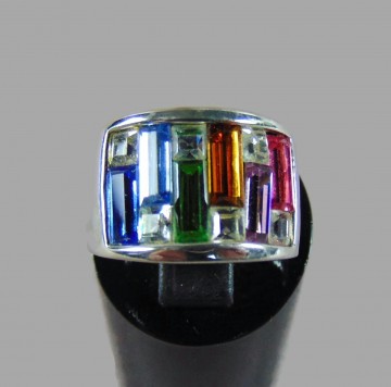 Brede zilverkleur ring multi kleur rechthoek stenen glas 2