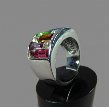Brede zilverkleur ring multi kleur rechthoek stenen glas 3