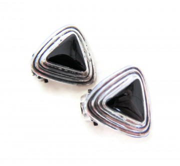 Driehoek zilver en onyx clip oorbellen 3