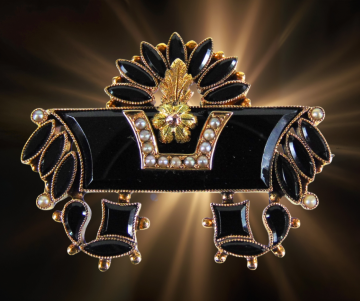 Etruskische stijl 14 karaat goud git zaadparel rouwsieraad broche gouden achtergrond