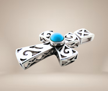 Groot zilver filigraan swirl kruis turquoise hanger beige achtergrond 1