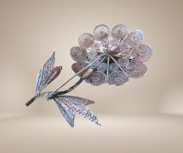 Grote antieke zilveren 3d filigraan bloem met steel beige achtergrond 4