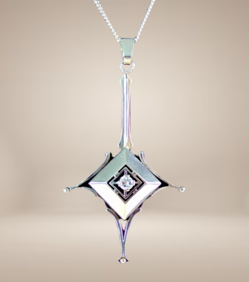 Grote art deco hanger modernist solitair zirkonia ketting beige achtergrond