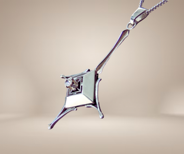 Grote art deco hanger modernist solitair zirkonia ketting beige achtergrond 2