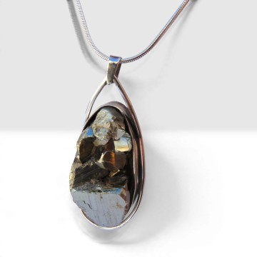 Grote brutalist pyriet nugget zilveren druppel hanger ketting  pr 6