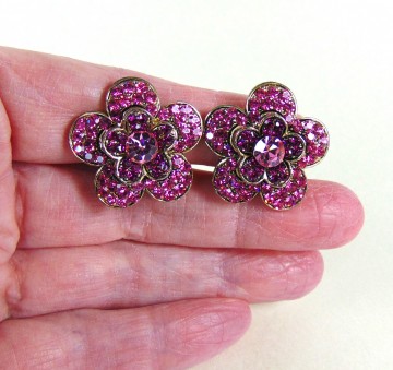 Grote knalroze strass bloem oorbellen clips 1