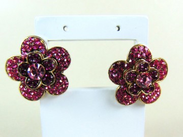 Grote knalroze strass bloem oorbellen clips 2