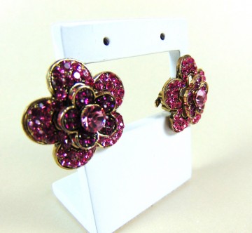 Grote knalroze strass bloem oorbellen clips 3