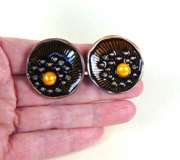 Grote modernistische ronde bronskleur clip oorbellen gele parel strass 3