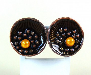 Grote modernistische ronde bronskleur clip oorbellen gele parel strass 4