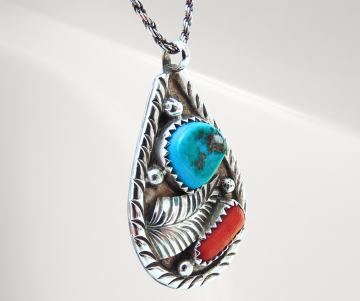Grote navajo ay turquoise koraal druppel hanger ketting pr 1