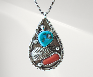 Grote navajo ay turquoise koraal druppel hanger ketting pr 2