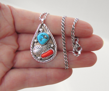 Grote navajo ay turquoise koraal druppel hanger ketting pr 4