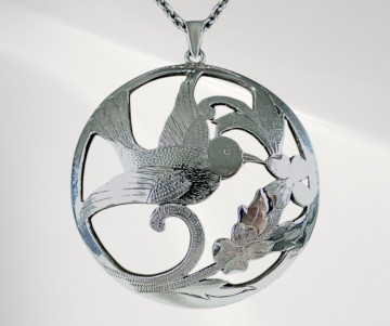 Grote zilveren art nouveau ronde vogel hanger ketting pr 4