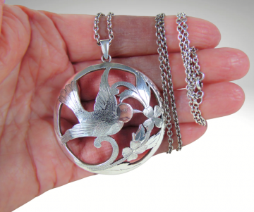 Grote zilveren art nouveau ronde vogel hanger ketting pr 7