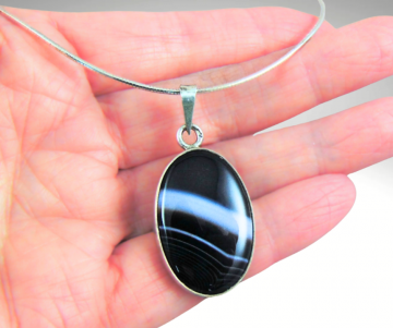 Grote zilveren hanger zwarte botswana agaat hanger ketting pr 4