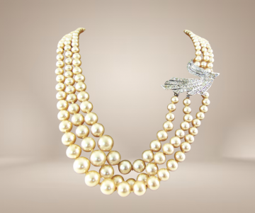 Grote zware 3 strengen glas parel collier strass beige achtergrond 1