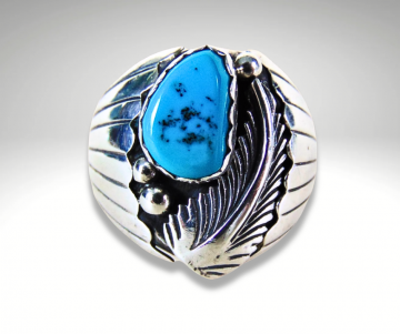 Grote zware navajo na zilveren turquoise veer prayer fan ring pr