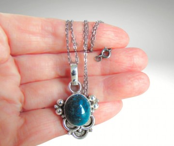 Grote zware zilveren groenblauwe steen hanger ketting pr 5