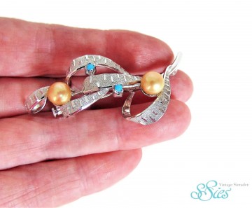 Japans zilver broche gele parel turquoise 1