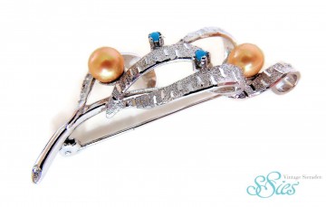 Japans zilver broche gele parel turquoise 4
