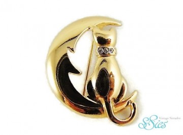 Schattige broche kat op de maan met strass