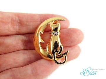 Schattige broche kat op de maan met strass