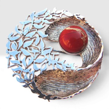 Kordes  lichtenfels art deco nouveau modernist ronde rode agaat broche zilver pr 4