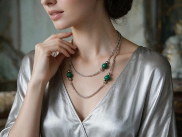 Lange art deco flapper zilver malachiet ketting 2 productvoorbeeld