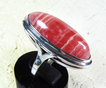 Lange roze rhodochrosiet  zilveren ring pr 4