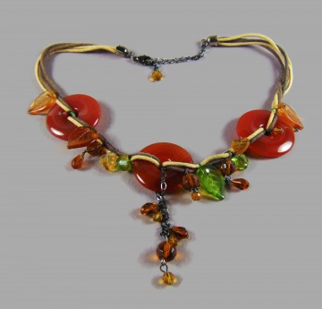 Leren veter ketting met carneool donuts 2