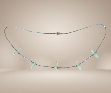 Liquid silver parelmoer vogel fetish native american ketting beige achtergrond 2