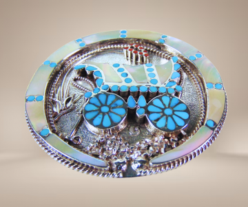 Mega grote dishta zuni native american turquoise koraal parelmoer inleg huifkar bolo tie hanger ketting beige achtergrond 9