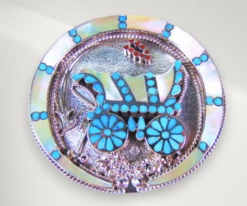 Mega grote dishta zuni native american turquoise koraal parelmoer inleg huifkar bolo tie hanger ketting pr 10