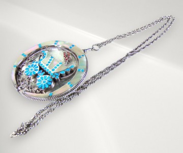 Mega grote dishta zuni native american turquoise koraal parelmoer inleg huifkar bolo tie hanger ketting pr 3
