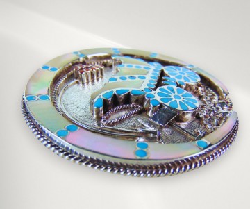 Mega grote dishta zuni native american turquoise koraal parelmoer inleg huifkar bolo tie hanger ketting pr 7
